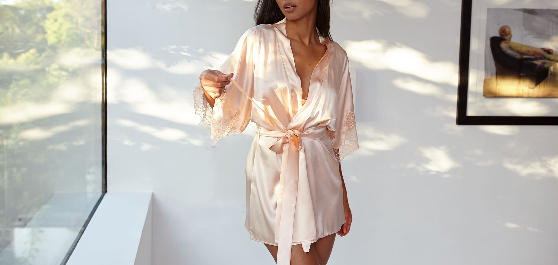 Model wearing Luxury Silk Blush Babydoll for Bridesmaid's