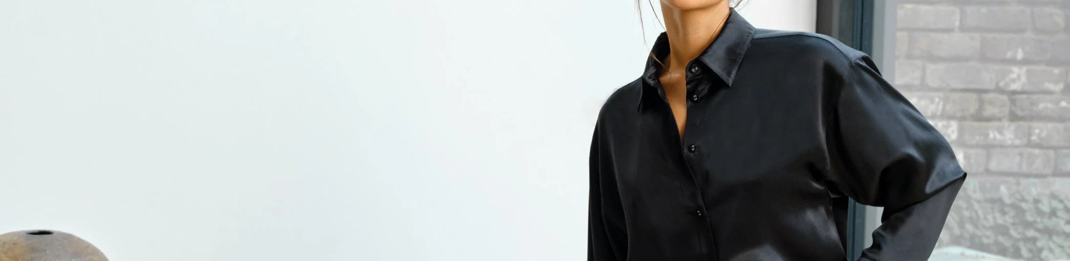 Model Wears Fleur of England Luxury Lingerie Fleur du Jour Black Silk Shirt