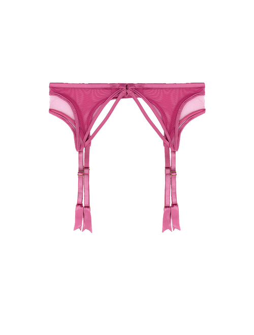 Front of Luxury Suspender Belt in Pink Mesh with Silk by Fleur of England