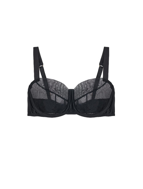 Front view of Luxury Black Silk and Mesh underwired balcony bra by Fleur of England