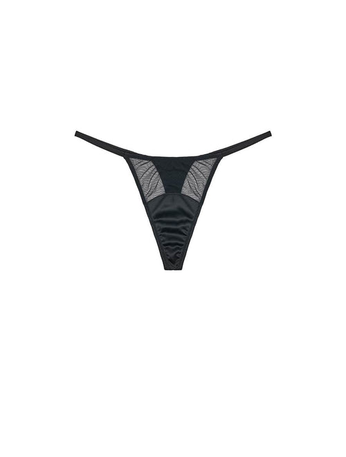 Front view of Luxury Black Silk and Mesh Strap Thong by Fleur of England