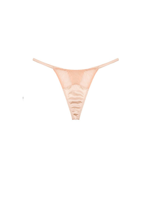 Front view of Luxury Blush Silk and Mesh Strap Thong by Fleur of England