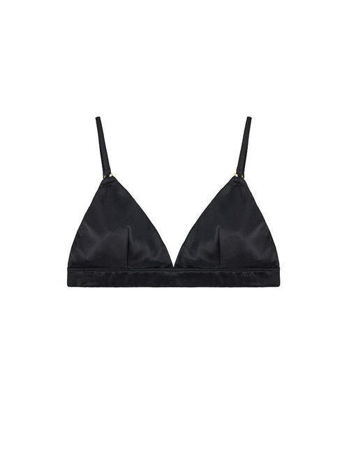 Front view of Luxury Black Silk non-wired triangle bra by Fleur of England