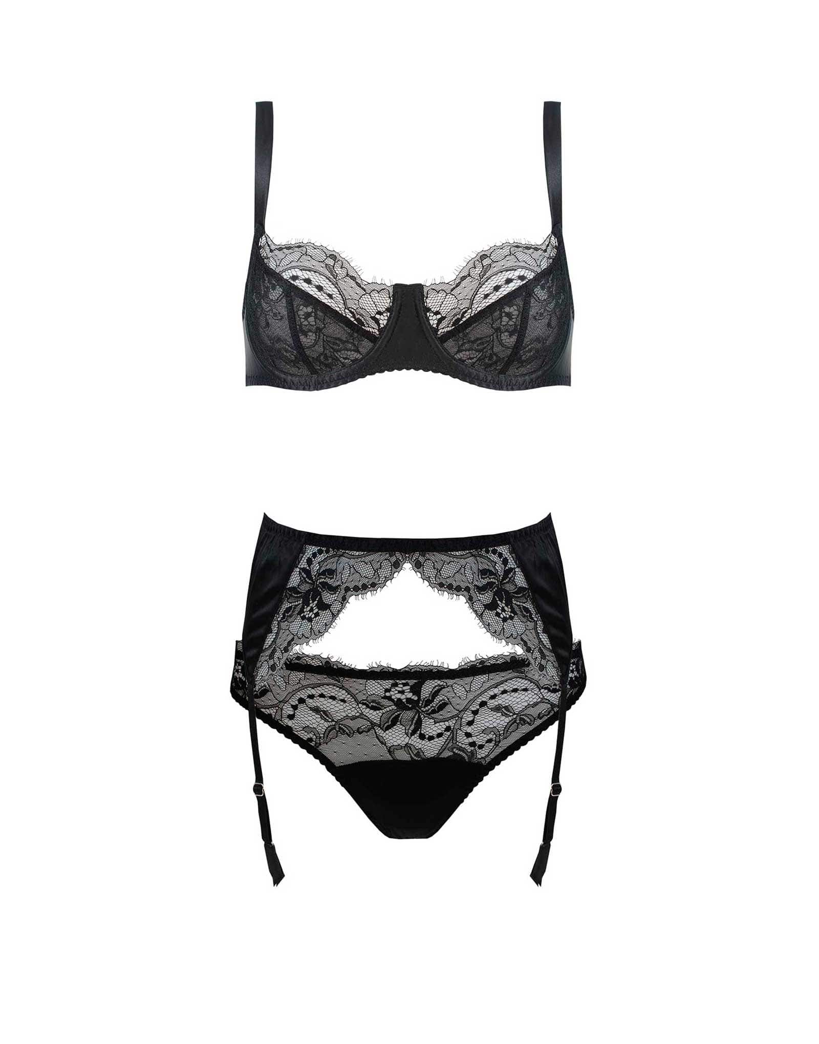 Black Lace Balcony Bra, Thong & Suspender Belt Set Fleur of England Black Lace Balcony Bra, Thong & Suspender Belt Set Fleur of England