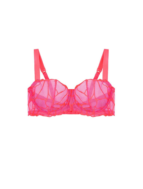 Front view of Wired Balcony Bra in Bright Coral and Pink by Fleur of England