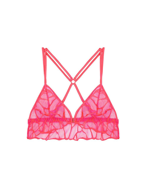 Front view of Non-wired Bright Coral and Pink Triangle bra by Fleur of England