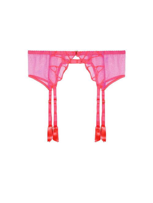 Front view of Suspender Belt in Bright Coral and Pink by Fleur of England