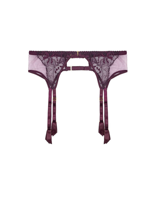 Front view of Fleur of England Luxury Burgundy Lace Suspender Belt