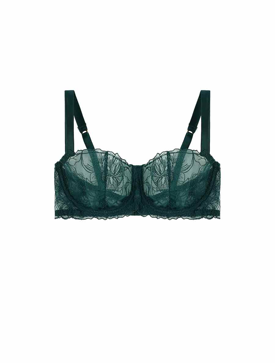 Victoria's Secret unlined 36C BRA SET thong Panty forest GREEN lace gold  STRAPPY