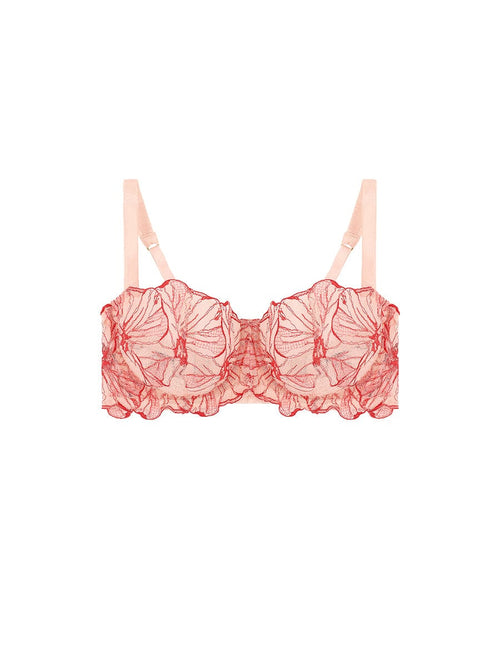Front view of luxury Pink and Red Floral Silk and Tulle Underwired Balcony Bra by Fleur of England