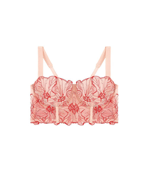 Front view of luxury Pink and Red Floral Design Silk and Tulle Longline Underwired Bra by Fleur of England
