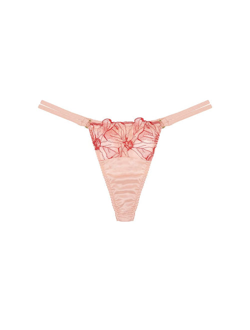 Front view of luxury Pink and Red Floral Design Silk and Tulle Double side Strap Thong by Fleur of England