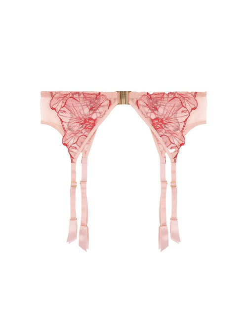 Front view of luxury Pink and Red Floral Design Silk and Tulle Suspender Belt by Fleur of England