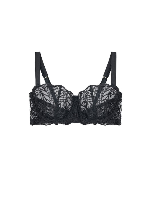 Front view of Luxury Black Silk and embroidered Underwired Balcony Bra By Fleur of England