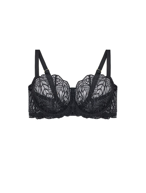 Front view of Luxury Black Silk and embroidered Underwired Curve Balcony Bra By Fleur of England
