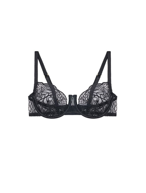 Front view of Luxury Black Silk and embroidered Plunge Underwired Demi Bra By Fleur of England