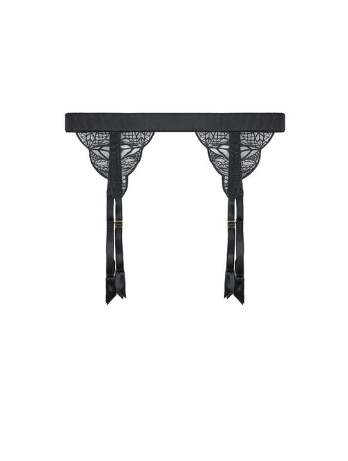 Front view of Luxury Black silk and embroidered suspender belt By Fleur of England