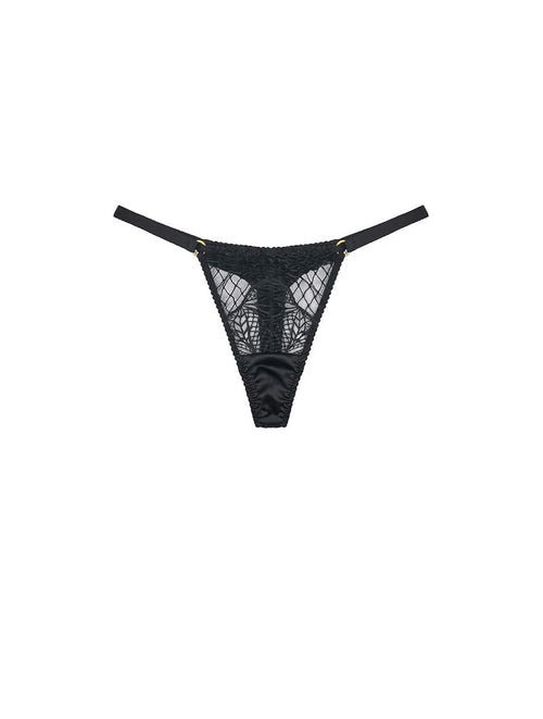 Front view of Luxury Black silk and embroidered Strap Thong By Fleur of England