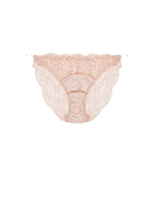 Front view of Luxury Blush soft silk brief with intricate floral lace detailing by Fleur of England