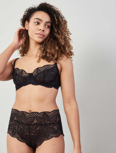 Model wears Balcony Bra and Brief lingerie set from Fleur Of England's Deilen collection