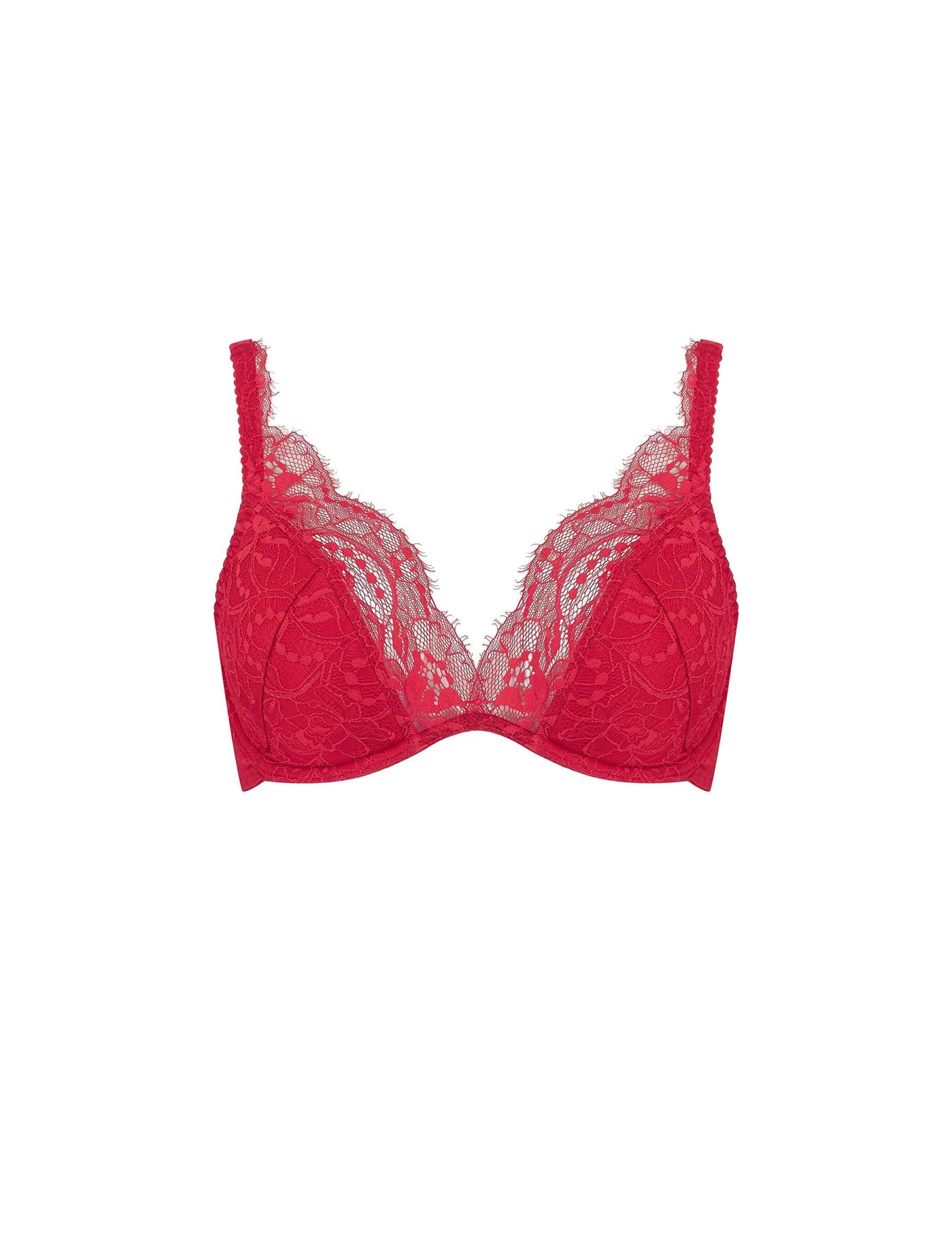 Front of Fleur of England red silk and lace padded plunge bra from the Adeline collection.