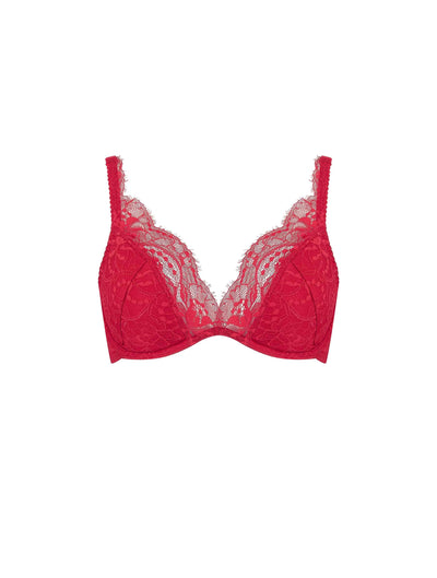 Front of Fleur of England red silk and lace padded plunge bra from the Adeline collection.