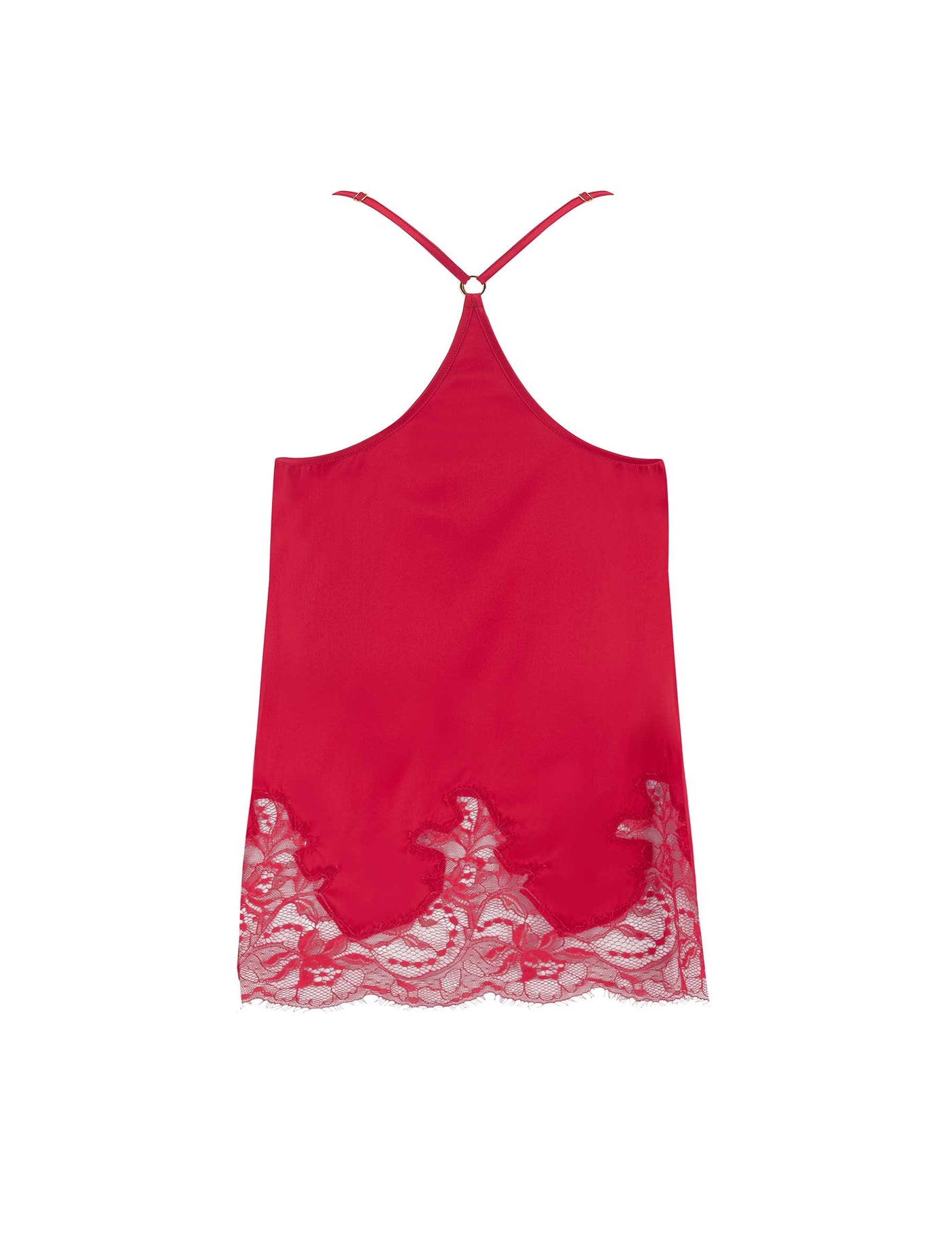 Back of red, silk camisole with lace hem from the Adeline collection.