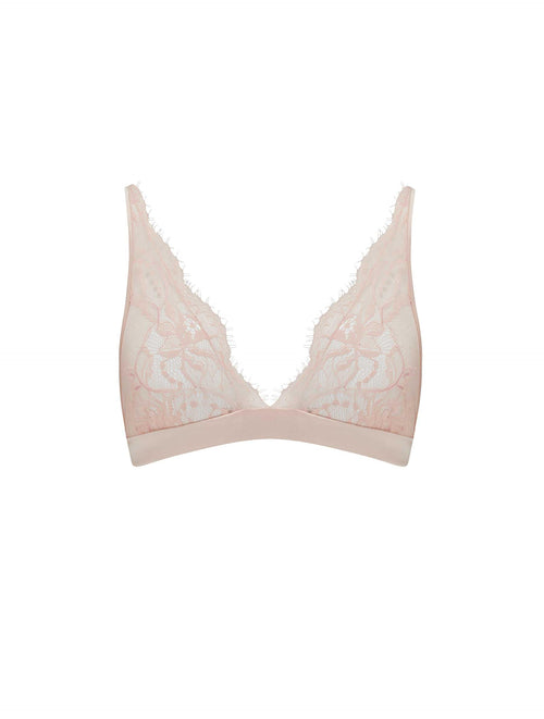 Front view of Luxury Blush lace Boudoir Bra with floral and silk detailing by Fleur of England