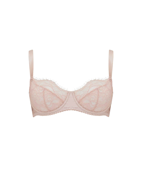 Front view of Blush lace balcony bra with floral detail and underwire support by Fleur of England