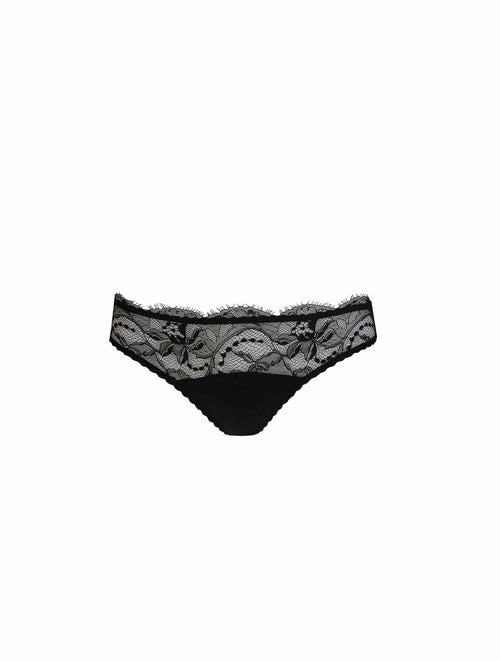 Front view of luxury black lace thong with intricate floral detailing by Fleur of England