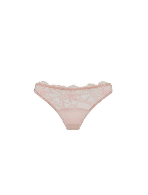 Front view of luxury Blush Lace thong with French eyelash and silk gusset by Fleur of England