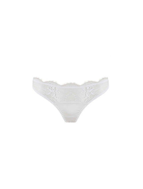 Front view of Luxury White Lace thong with French lace and a cotton silk gusset by Fleur of England