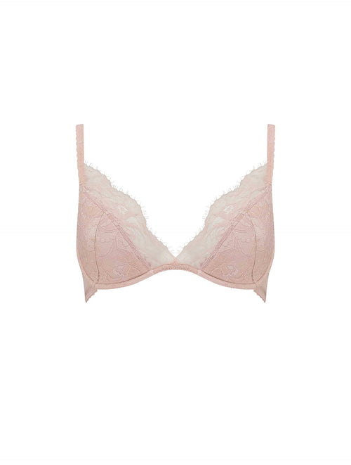 Front view of luxury lace padded plunge bra with floral detailing and underwire by Fleur of England