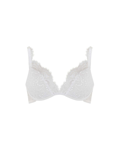 Front view of luxury white lace padded plunge bra with floral detailing by Fleur of England