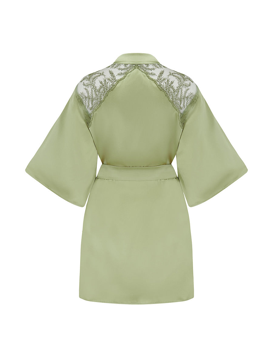Back view Fleur of England Luxury Sage Green Silk Robe