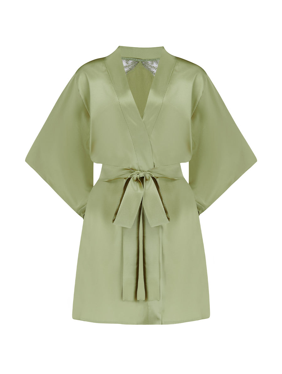 Front view Fleur of England Luxury Sage Green Silk Robe