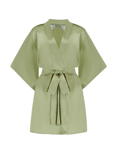 Front view Fleur of England Luxury Sage Green Silk Robe