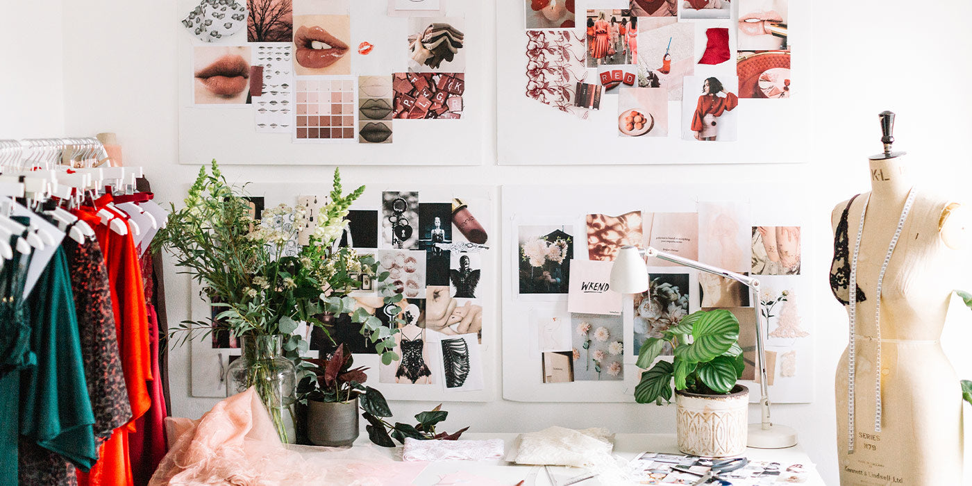 Fleur of England studio with mood boards and plants