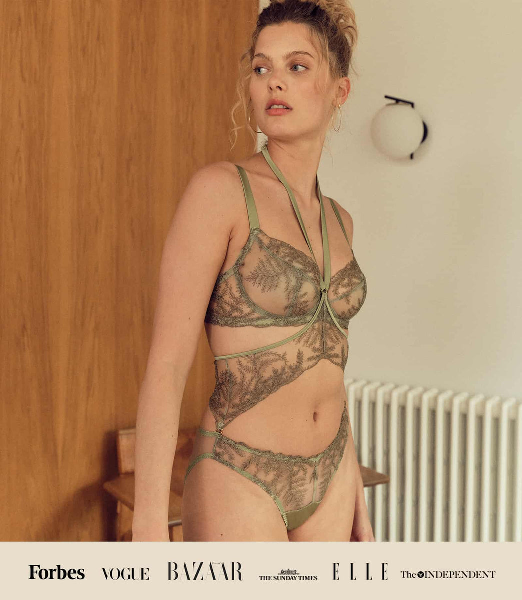 Model wears Fleur of England Luxury Lingerie Arianna Green Balcony Bra & Body Harness Set