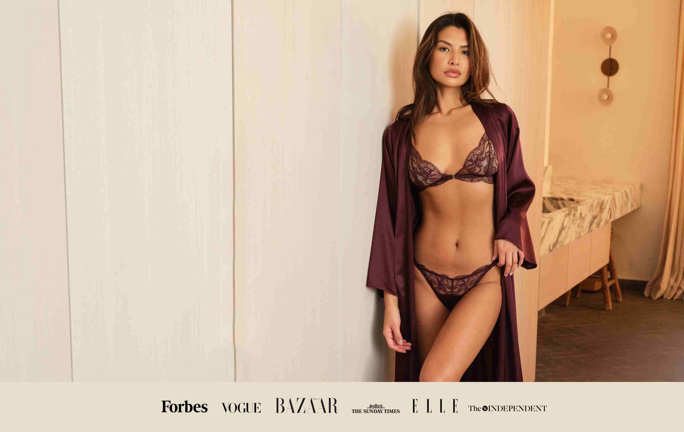 Fleur of England Luxury Lingerie Eliza Lace Boudoir Bra and Ouvert Brief Burgundy Set with Silk Robe