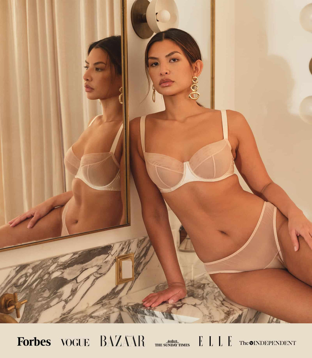 Model wears Luxury Fleur Du Jour Blush Balcony Bra and Brief Lingerie Set Fleur of England