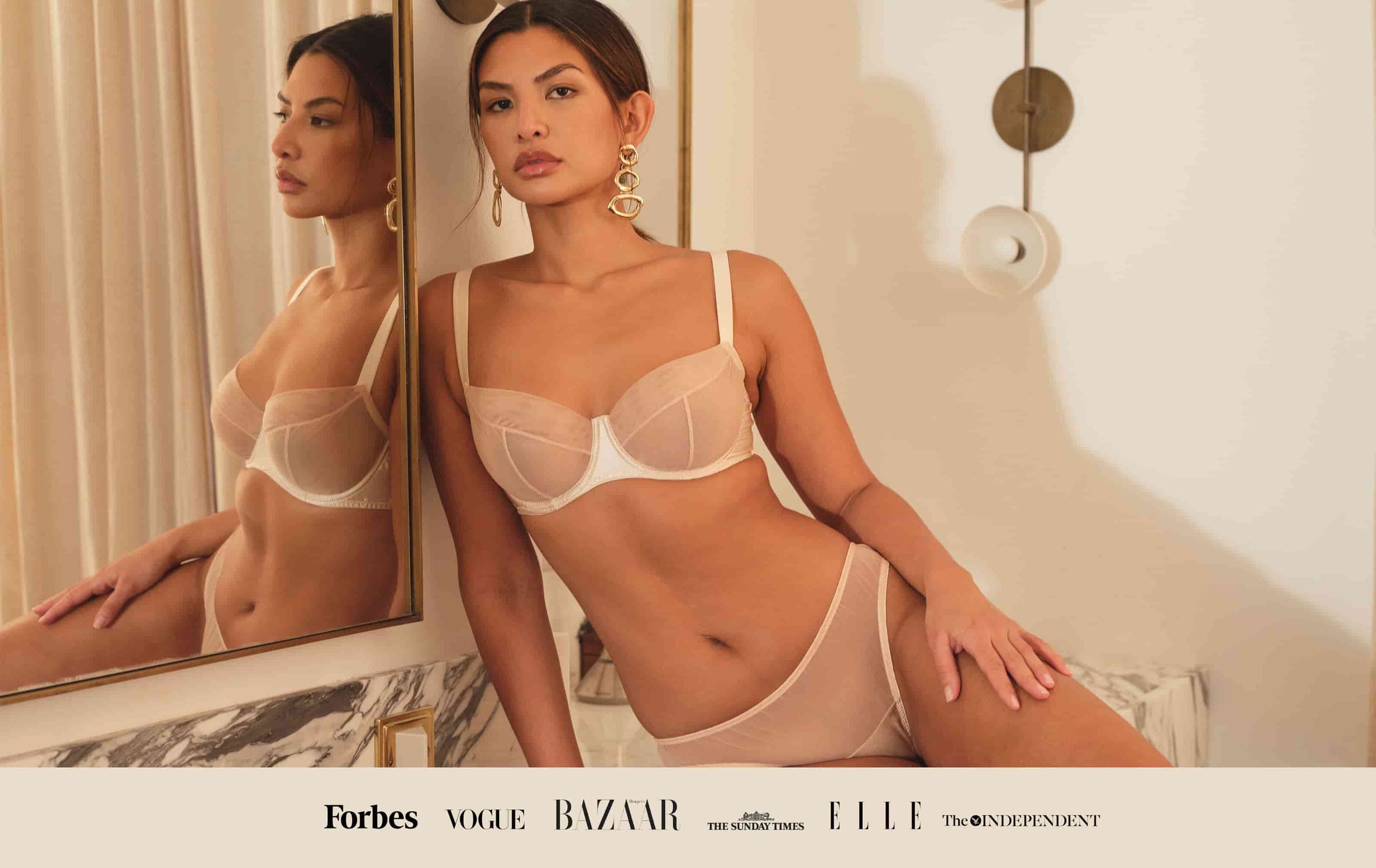 Model wears Luxury Fleur Du Jour Blush Balcony Bra and Brief Lingerie Set Fleur of England