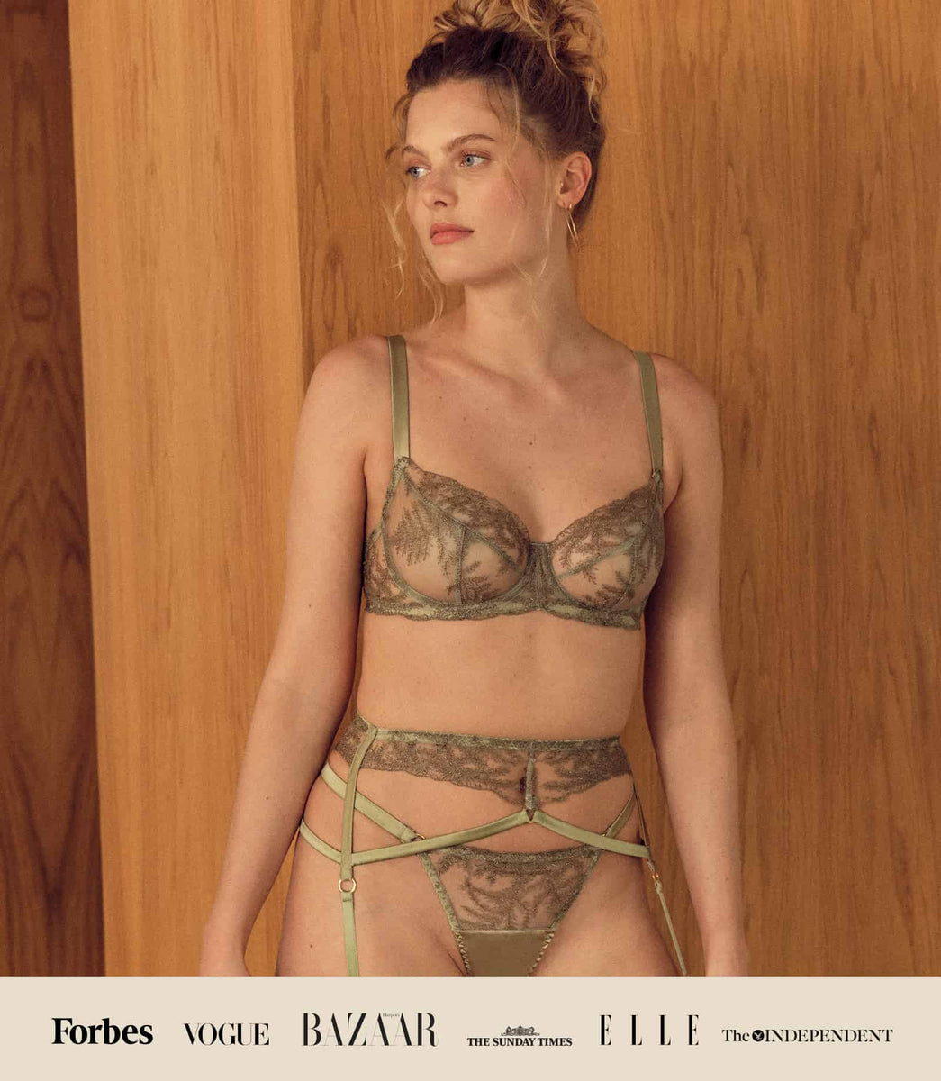 Fleur of England Luxury Lingerie Arianna Balcony Bra Strap Thong and Suspender Belt Green Set