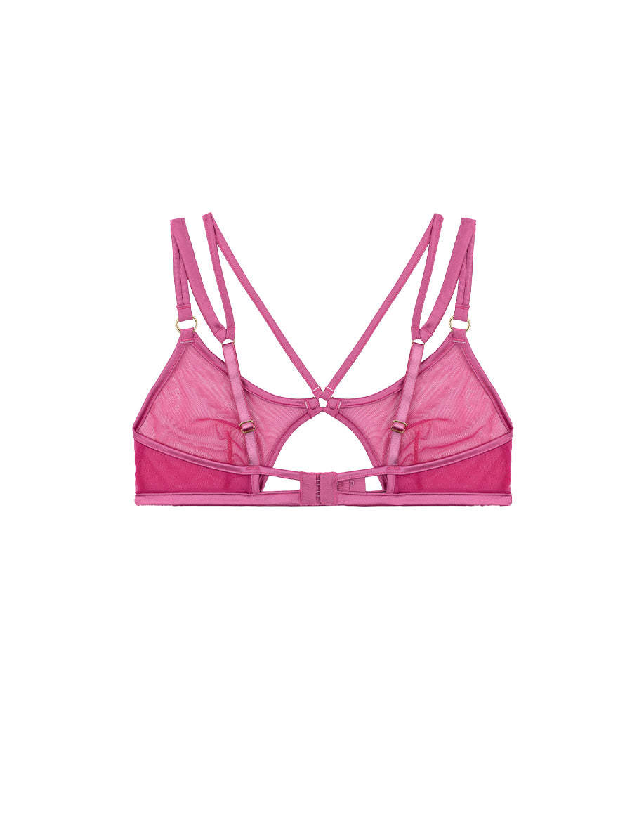Back of Soft Cup Luxury Bralette in Pink Mesh with Silk by Fleur of England