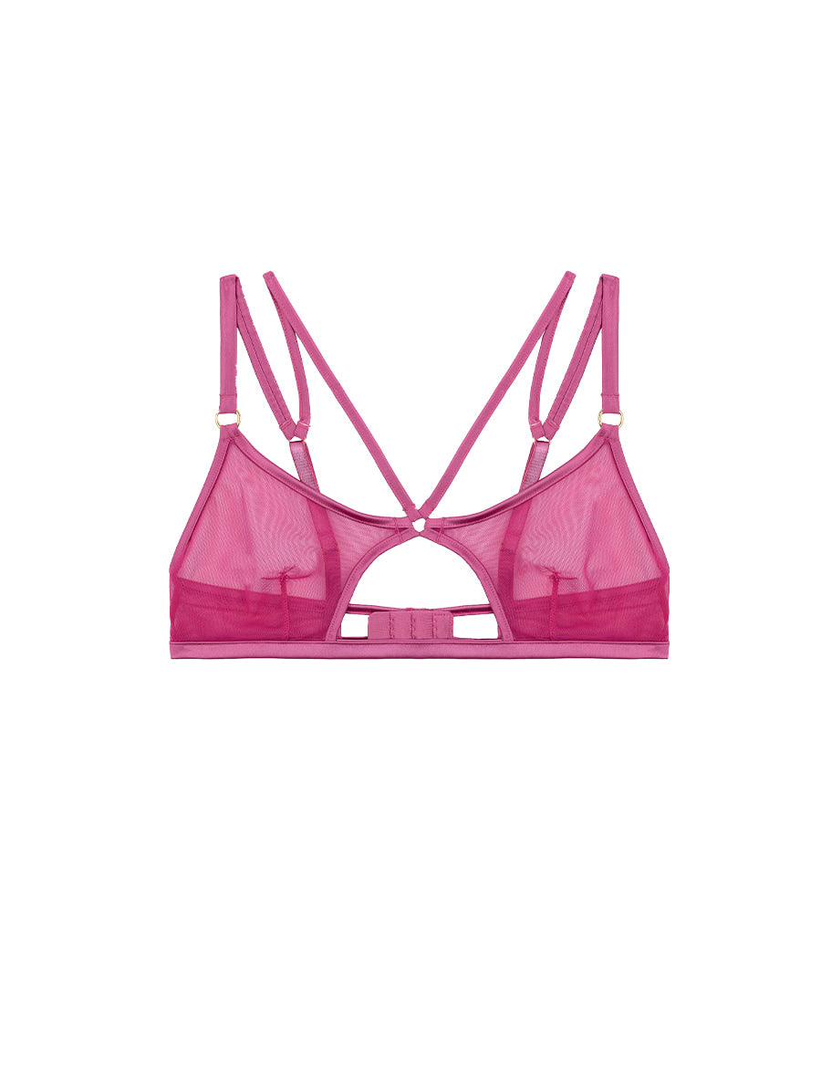 Front of Soft Cup Luxury Bralette in Pink Mesh with Silk by Fleur of England