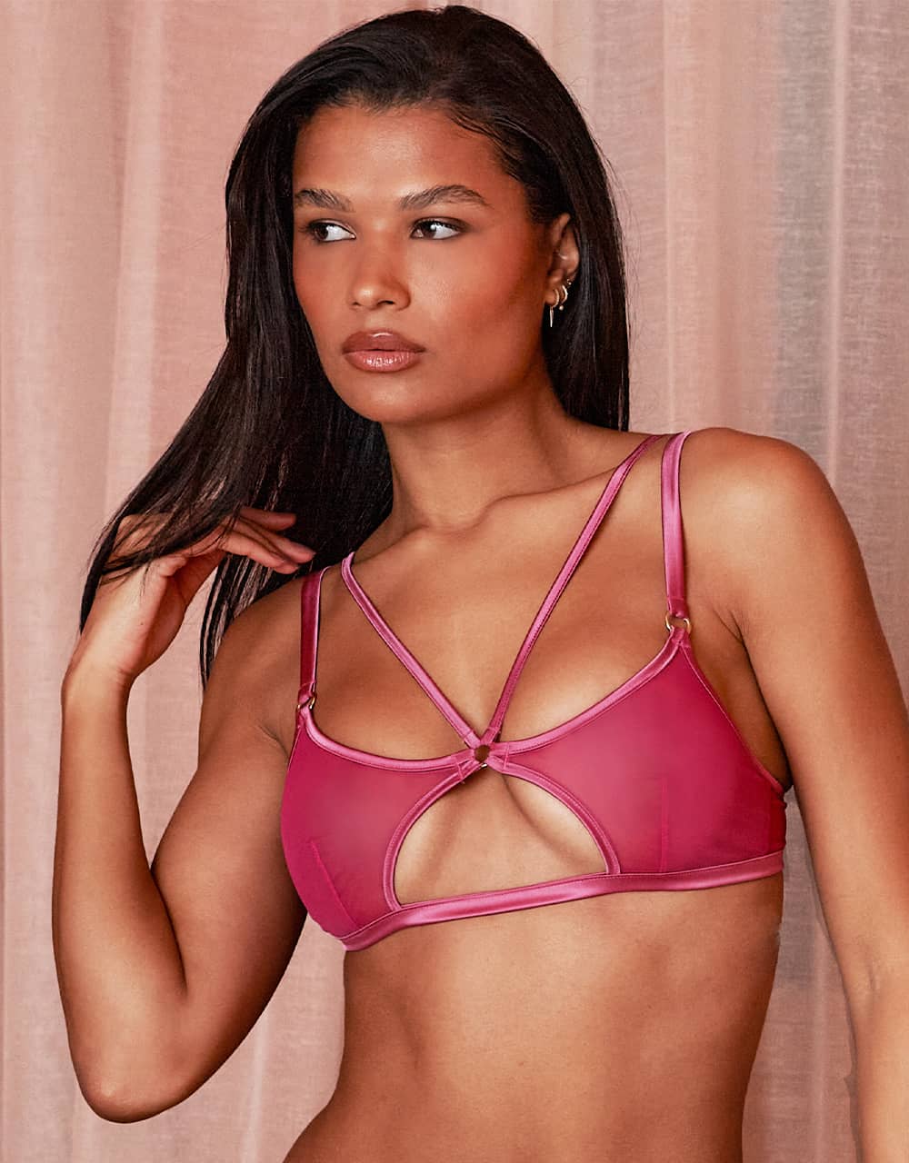 Model wearing Soft Cup Luxury Bralette in Pink Mesh with Silk by Fleur of England