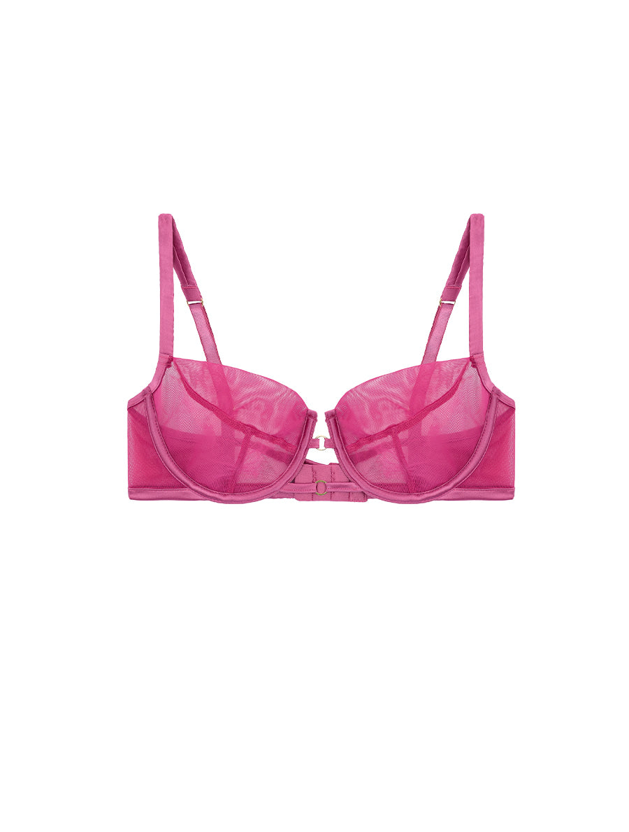 Front of Pink mesh luxury underwired Bra with Silk by Fleur of England