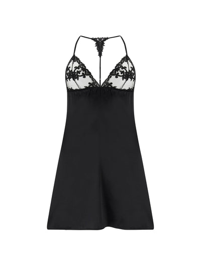 Front view of the luxury Onyx Babydoll with bold intricate embroidery & silk details by Fleur of England