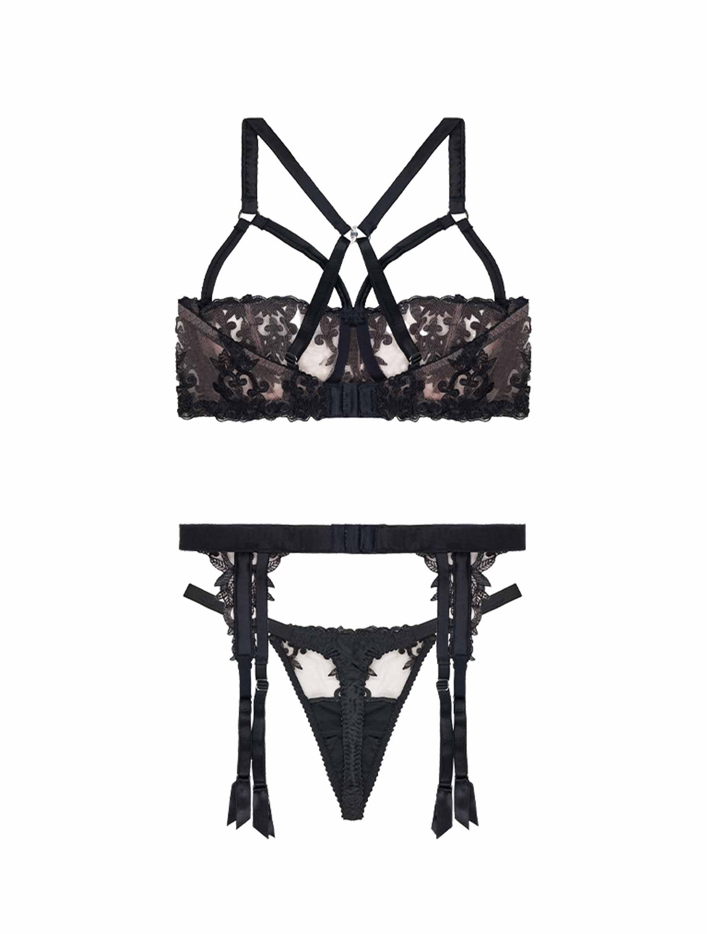 Fleur of England Onyx Luxury Strap Balcony Bra, Strap Thong & Suspender Belt