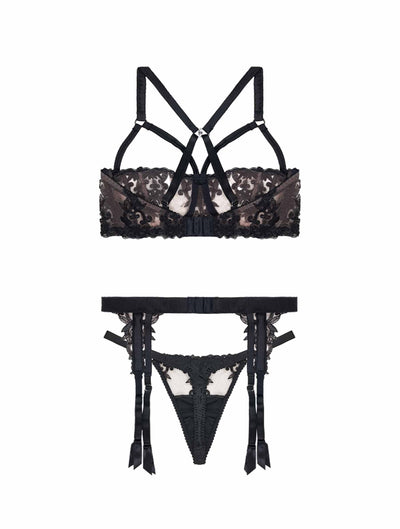 Fleur of England Onyx Luxury Strap Balcony Bra, Strap Thong & Suspender Belt